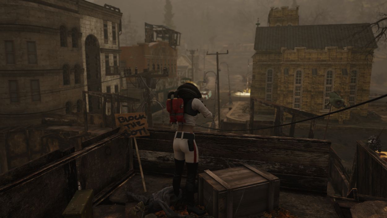 
Obraz przedstawia postać z plecakiem i hełmem, stojącą tyłem do widza, na dachu zrujnowanego budynku, spoglądającą na ponury, postapokaliptyczny krajobraz miasta.

Postać ma na sobie biały kombinezon z czerwonymi akcentami i ciemne buty. Na plecach ma czerwono-biały plecak lub moduł, a na głowie ciemny hełm. Stoi na podwyższonej drewnianej konstrukcji, prawdopodobnie dachu lub platformie widokowej. Obok niej leży drewniana skrzynia. W lewym dolnym rogu widać tabliczkę z napisem "BLOCK THE BOT!".

Krajobraz miejski w tle jest szary i ponury, co sugeruje zniszczenie i zaniedbanie. Widać wiele zniszczonych budynków o różnych stylach architektonicznych, niektóre z nich wyglądają na stare kamienice. Po prawej stronie wyróżnia się duży, żółtawy budynek z wieloma oknami, przypominający kościół lub inną publiczną instytucję. W powietrzu unosi się mgła lub pył, co potęguje wrażenie opuszczenia i zrujnowania.