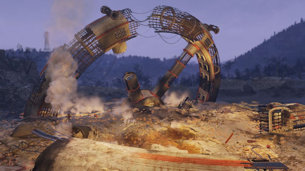 
Obraz przedstawia szczątki zniszczonej, gigantycznej konstrukcji, przypominającej fragment stacji kosmicznej lub satelity, leżącej w zrujnowanym krajobrazie.

Centralnym elementem jest duża, okrągła lub owalna konstrukcja, która wydaje się być częścią jakiegoś ogromnego obiektu. Jest ona mocno uszkodzona, z widocznymi metalowymi kratownicami i poszyciem, które zostało zniszczone. Z konstrukcji unosi się lekki dym lub opary, a wokół niej ziemia jest spękana i pokryta gruzem oraz śladami spalenia. Widać też fragmenty metalowych elementów i kabli.

Tło stanowią pagórki lub góry porośnięte drzewami, a niebo ma odcień zmierzchu lub wczesnego poranka. Po lewej stronie, w oddali, widać maszt energetyczny. Całość sceny sugeruje katastrofę lub lądowanie awaryjne dużego obiektu w odległym, opuszczonym miejscu.