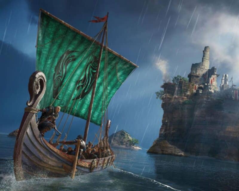 Assassin’s Creed Valhalla, zrzut ekranu z gry – statek w deszczu płynący w stronę klifu