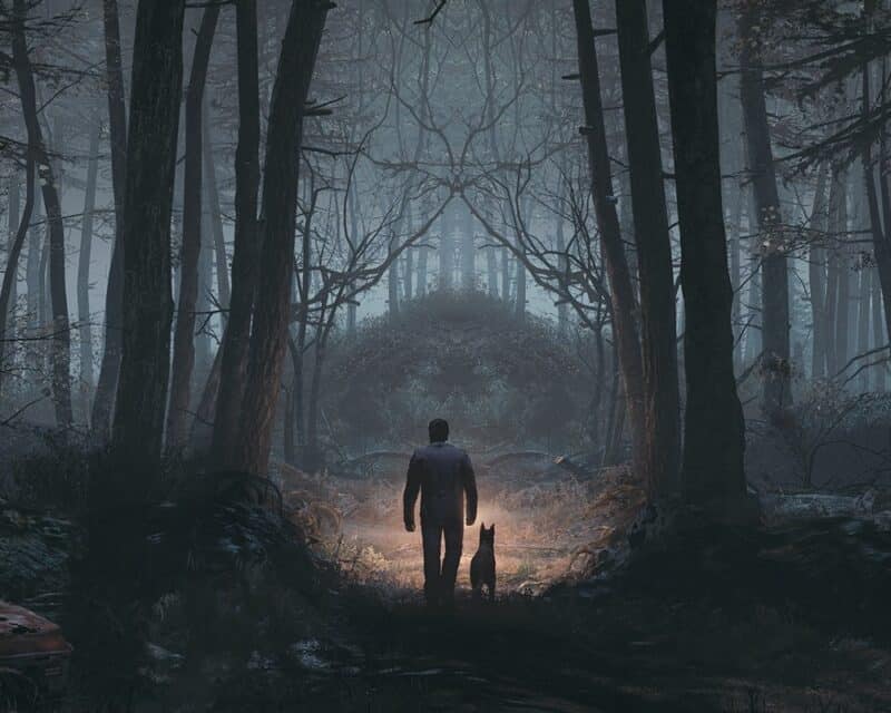 Blair Witch, mezczyzna z psem w mrocznym lesie