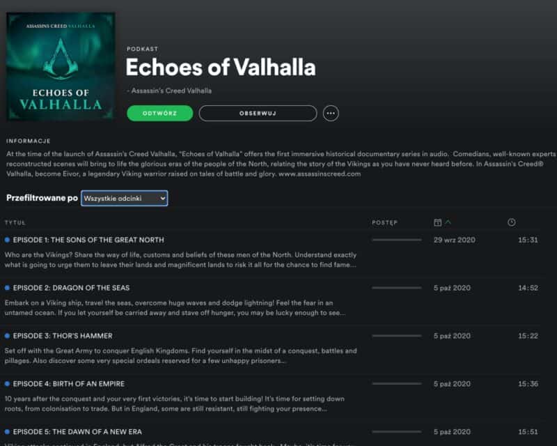 Zrzut ekranu ze Spotify, podcast Echoes of Valhalla
