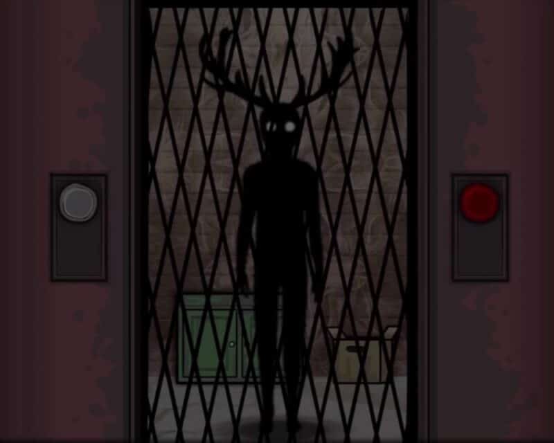 Widoczna postać z jelenimi rogami stojąca za kratami windy