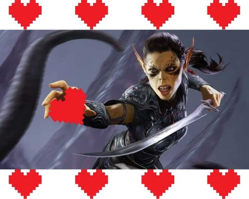postać z baldur's gate w otoczeniu pikselowych serduszek