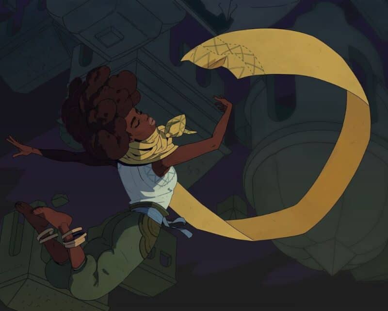 keyart gry Dandara, n aobrazku widzimy ciemnowłosą bohaterkę z żółtym szalem