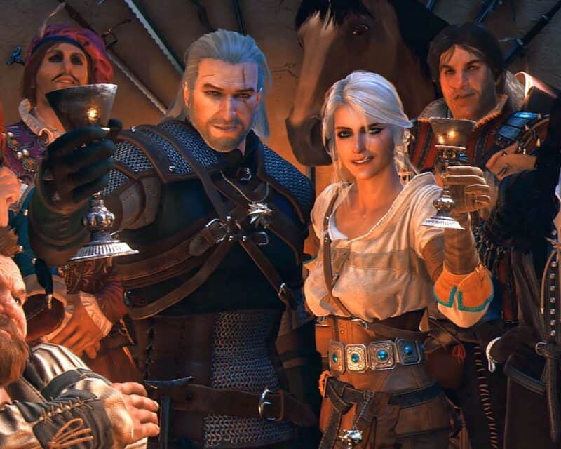 Geralt i Ciri wznoszą puchary do toastu