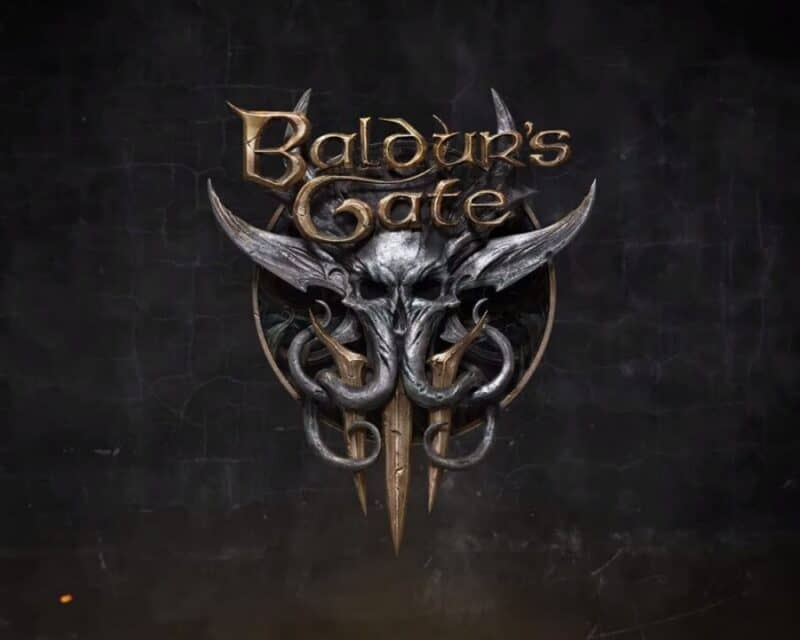 logo Baldur's Gate 3 na ciemnobrązowym tle, w logu czaszka zmieszana z hełmem, wygląda jak czaszka jednego z mózgożerców