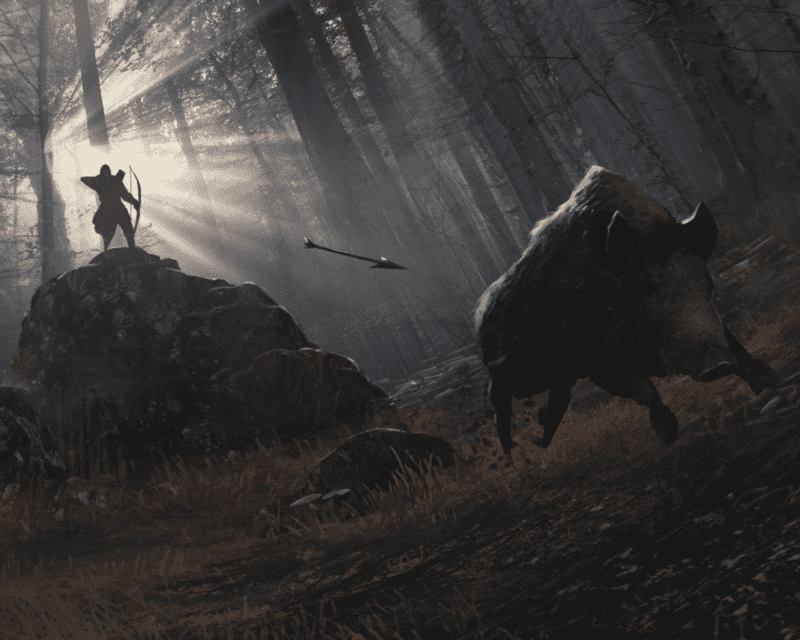 screen z gry, las, myśliwy właśnie wypuścić strzałę, by ustrzelić dzika