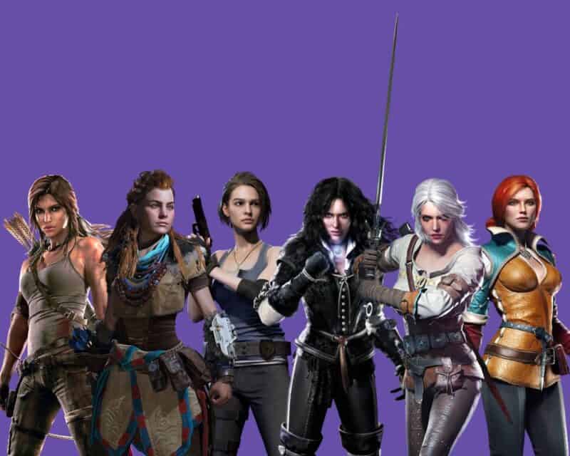 postaci kobiece z gier na fioletowym tle, po kolei Lara Croft z łukiem, Aloy w futrze, Jill Valentine z pistoletem, Yennefer z magią, Ciri z mieczem i Triss z ogniem