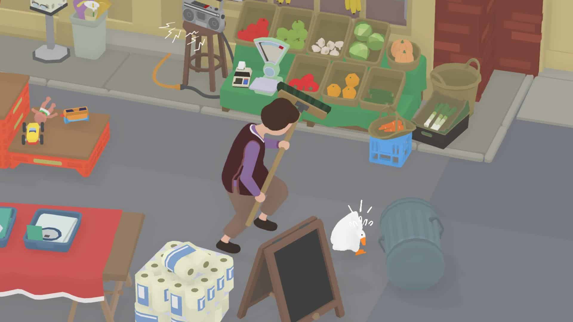 Gęś ucieka przed sprzedawcą