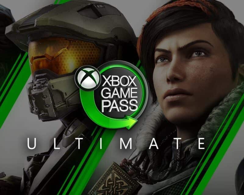 Logo Xbox Game Pass, w tle wybrane postacie z gier