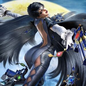 Bayonetta 3 potwierdzone, Dynamiczna ilustracja przedstawiająca stylizowaną bohaterkę z długimi, czarnymi włosami i okularami, ubraną w dopasowany, czarno-srebrny strój z peleryną, wykonującą akrobatyczny ruch w powietrzu i trzymającą dwa ozdobne pistolety na tle jasnego księżyca.
