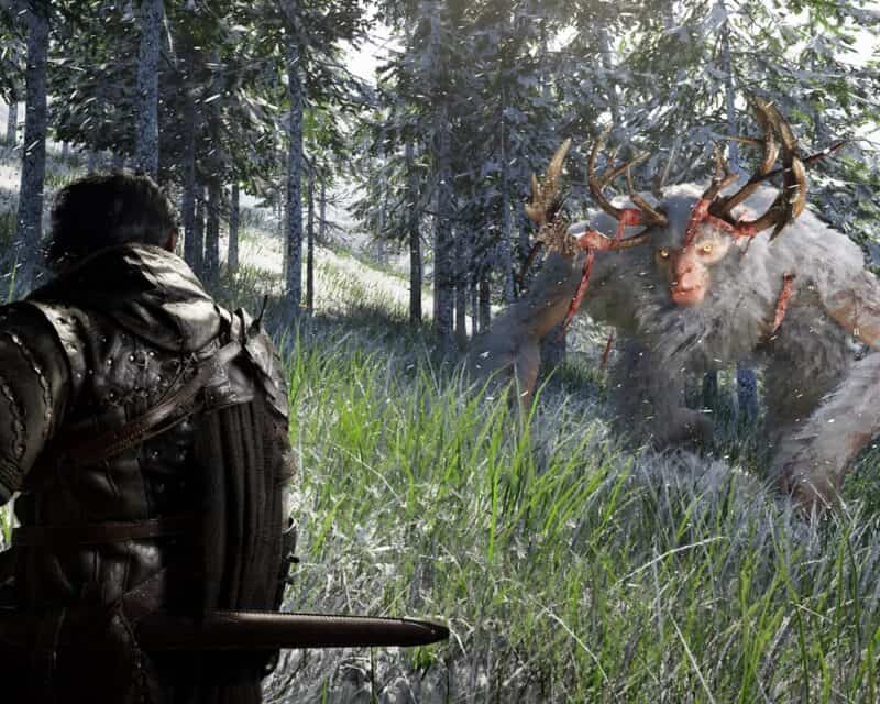 uzbrojony bohater podczas walki z wielkim, białym, rogatym stworem