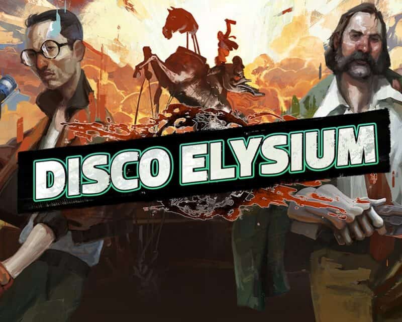 głowne postacie z gry, między nimi napis - tytuł Disco Elysium, w tle posąg jeźdźca na koniu