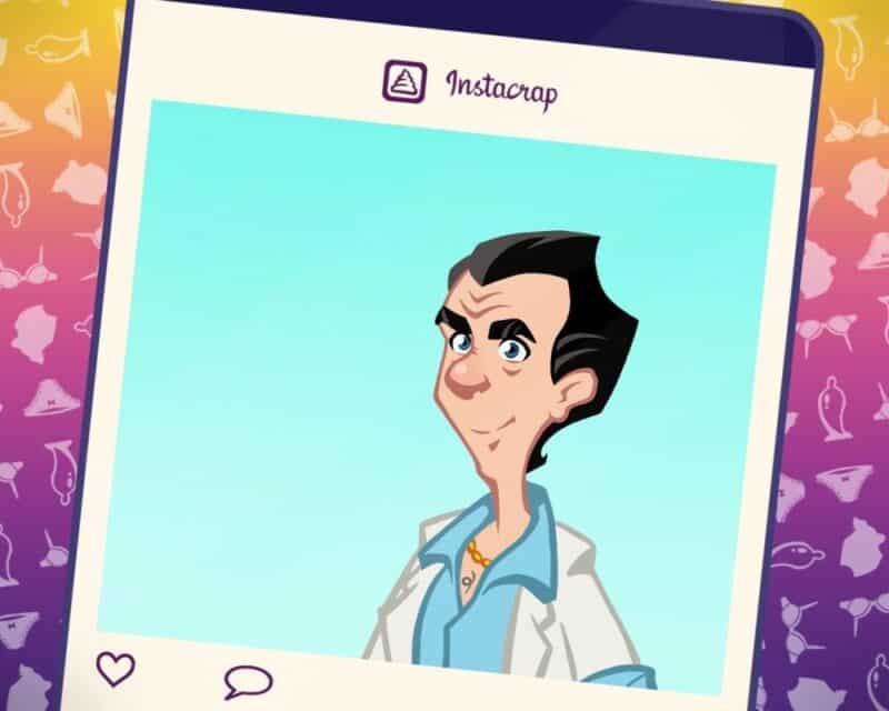 Larry Laffer stoi dumnie z wypiętą piersią. Wygląda trochę jak screen z Instagrama.