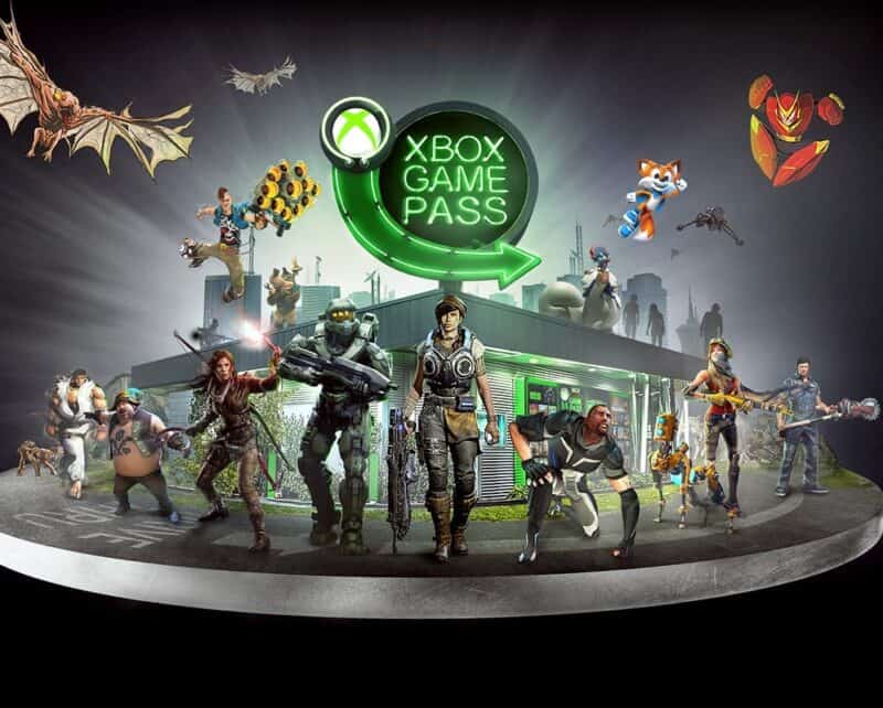 Logo Xbox Game Pass umieszczone pod róznymi postaciami z gier