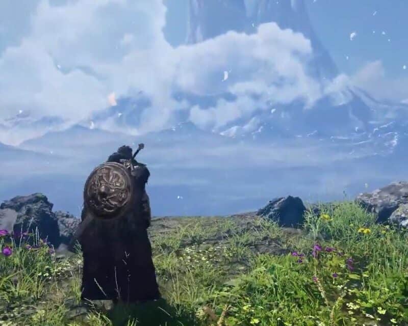 Uzzbrojony wojownik wpatruje się w górę w oddali