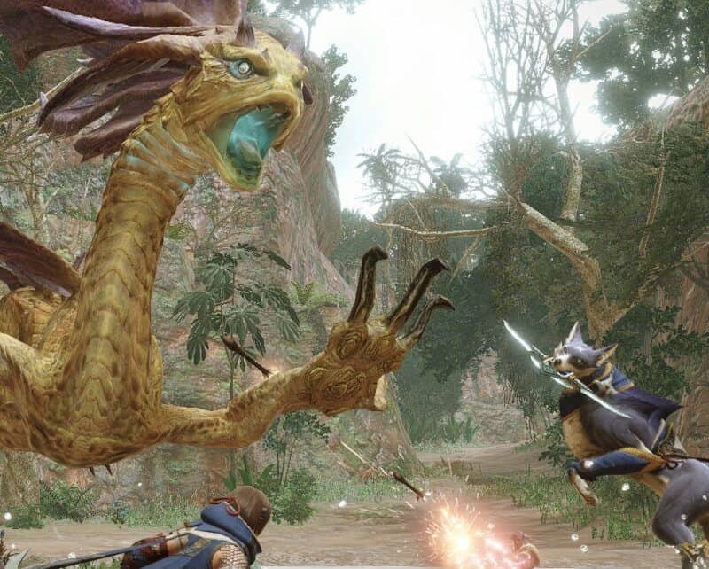 Postacie i potwór z gry Monster Hunter Rise