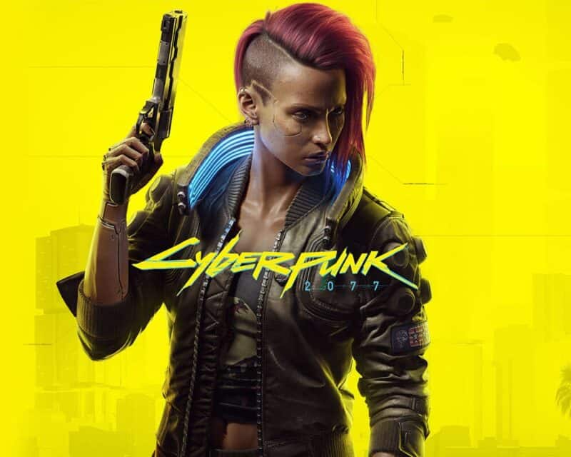 Postać z gry Cyberpunk na plakacie promującym