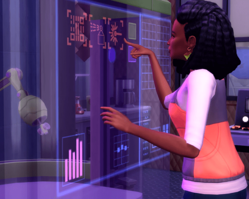 Simka używająca maszyny z dodatku Życie Eko w Sims 4