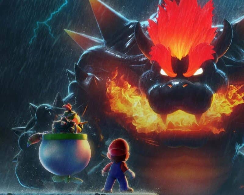 Mario, Bowser Jr. na przeciwko wielkiego, ziejącego ogniem Bowsera z atramentu