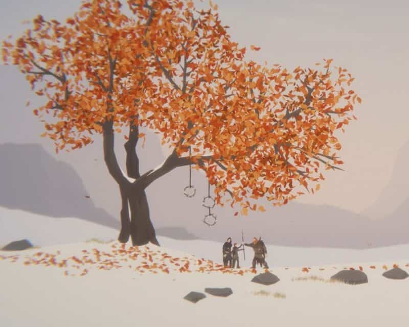 Bohater Unto The End z żoną i synem, pod drzewem, śnieżny krajobraz