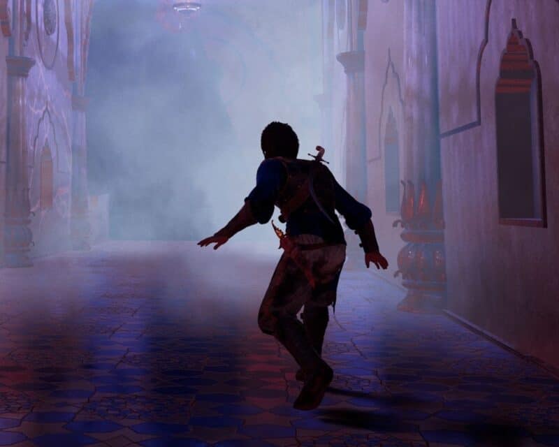 Prince of Persia The Sands of Time Remake, widoczna męska postać wchodząca w mgłę