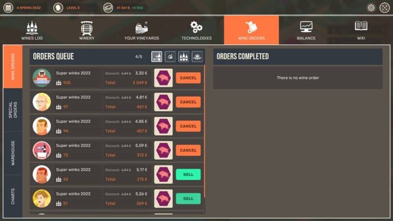 Menu sprzedaży wina.