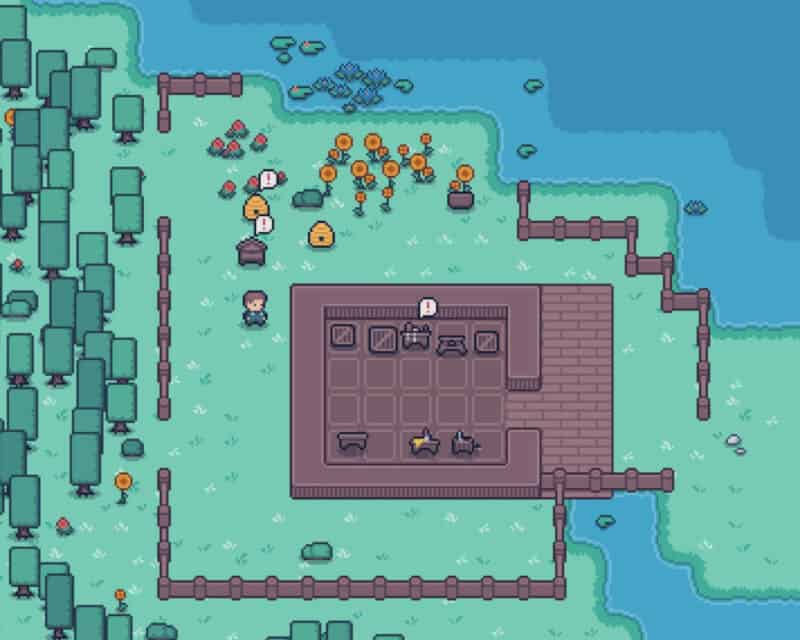 Screen z gry Apico - bohater stoi pośrodku swoich uli, pszczoły siadają na pobliskich kwiatach