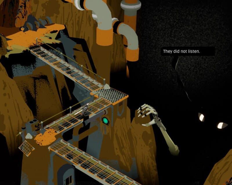 Creature in the Well za darmo, podziemia, ciemność, tory na wyżynach, wokół rury kanalizacyjne, koścista ręka potwora sięga w kierunku torów, w ciemności widać białe oczy