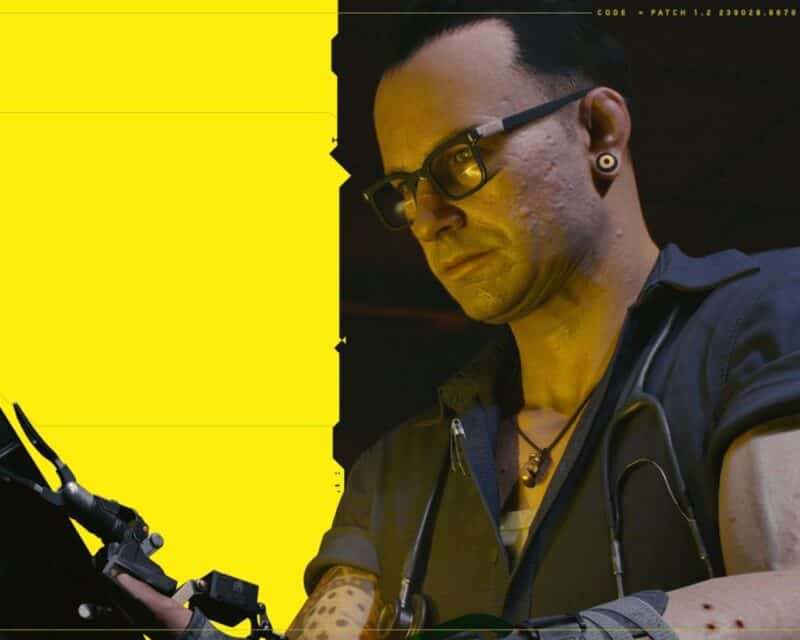 Cyberpunk 2077 męska postać z gry na żółtym tle
