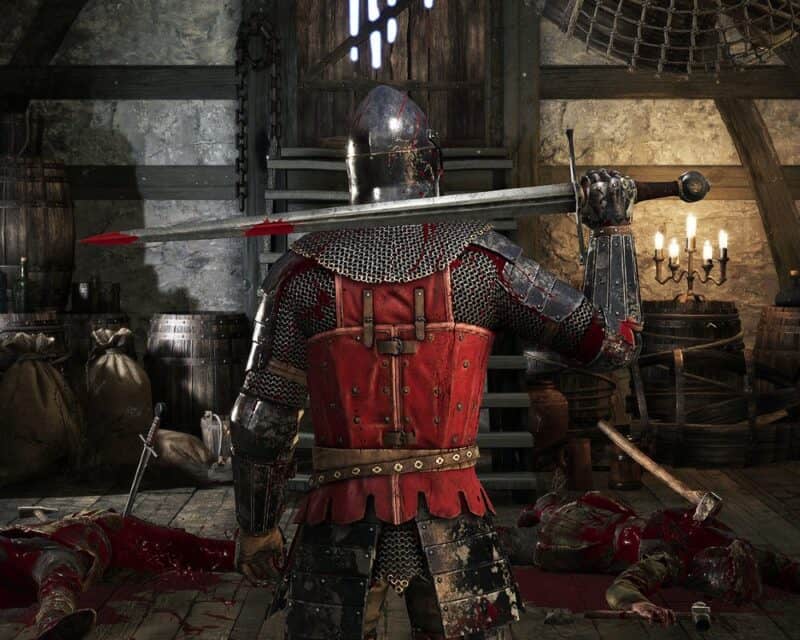 Chivalry 2 - screen z gry, rycerz, posoka, zakrwawiony miecz, trupy