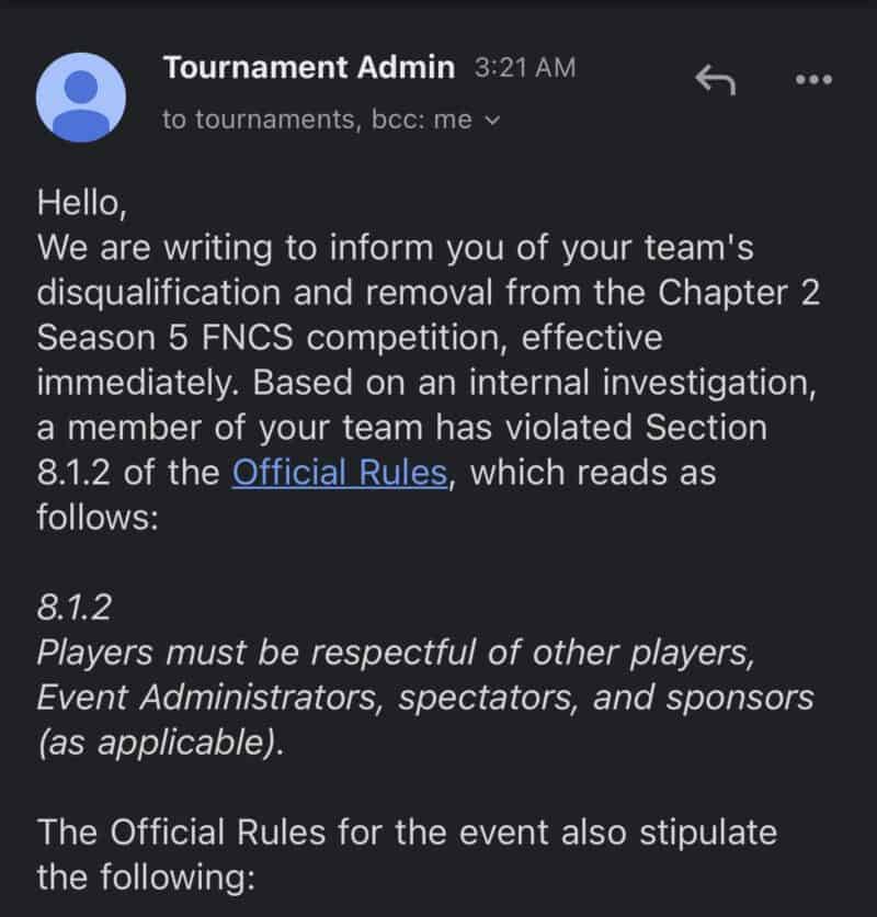 Drużyna Fortnite wyrzucona, oficjalny email od Epic Games z powodami tej decyzji. 