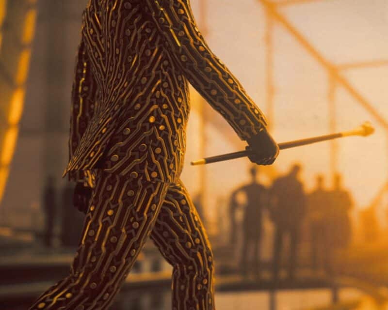 Hitman 3 DLC siedem grzechów głównych specjalny kombinezon człowiek z laską na tle przeszklonego budynku całość w ciepłym świetle zachodzącego słońca