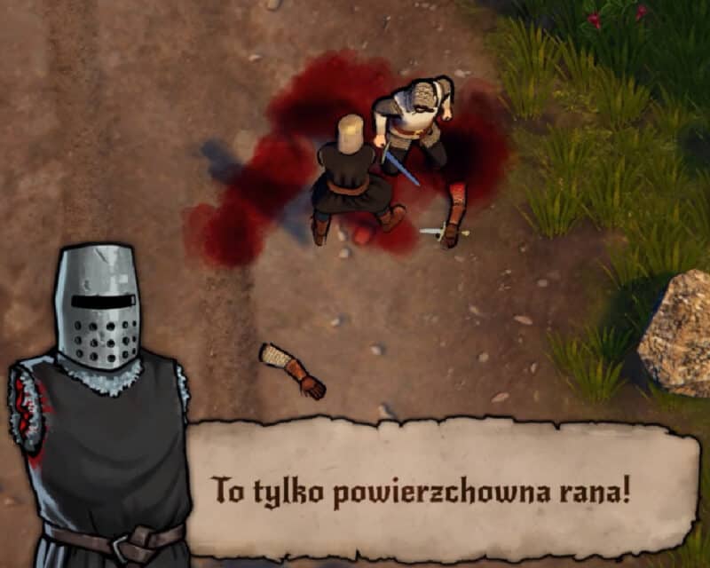 screen z gry Rustler - rycerz pozbawiony rąk krzyczy "to tylko powierzchowna rana"