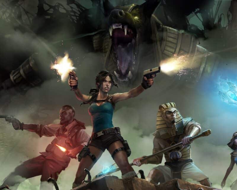 Tomb Raider za darmo - plakat gry Lara Croft and the Temple of Osiris, bohaterkowie upozowani na tle zagrożenia, pistolety wystrzały