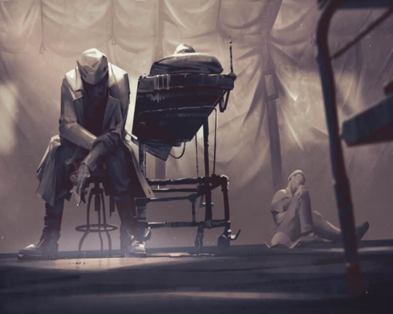 Fragment zwiastunu gry War Hospital - lekarz ze spuszczoną głową siedzi obok pacjenta, w ręku trzyma papierosa