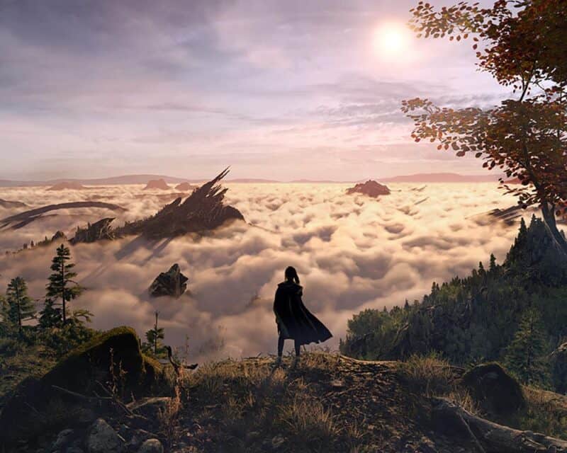 Forspoken zwiastun kobieta chmury las niebo góry