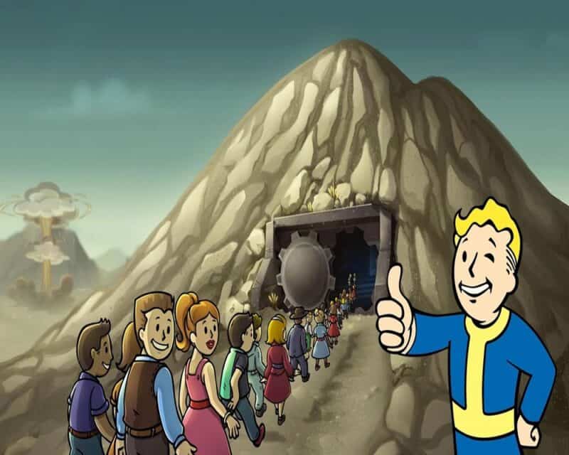 fallout shelter ludzie idący do schronu, ludzik w niebieskim pokazujący kciuk w górę