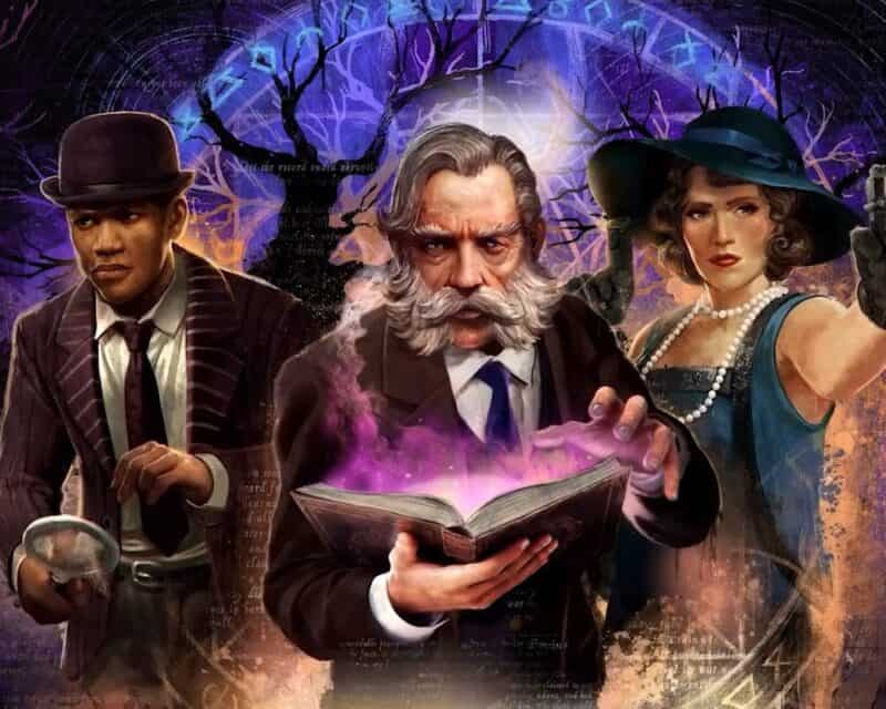 Arkham Horror Mother's Embrace, widoczne trzy postaci z gry, pośrodku mężczyzna z magiczną księgą