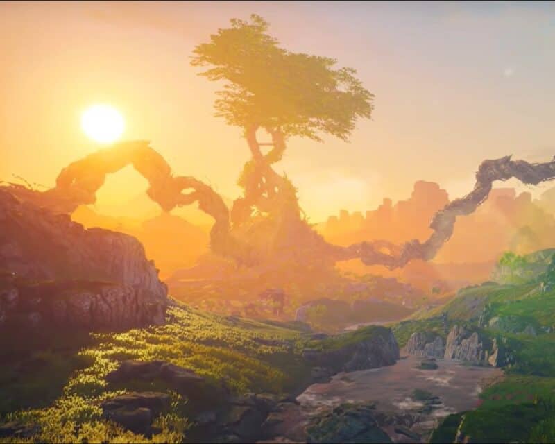 Biomutant - nowy zwiastun, a na nim świat - screen z filmiku, słońce, krajobraz, samotne drzewo