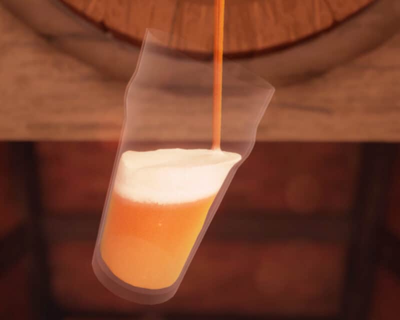 Screen z gry Brewmaster - z beczki do kufla nalewane jest złociste piwo, pięknie się pieni