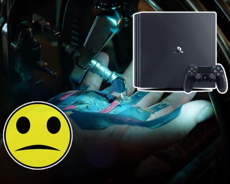 Cyberpunk 2077 w lewym rogu smutna mina, w prawym rogu konsola PlayStation 4, w tle cybernetyczna ręka z gry