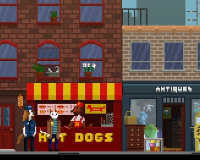 Inspector Waffles – recenzja – screen z gry, Waffles i jego partner pies przed budką z hot dogami