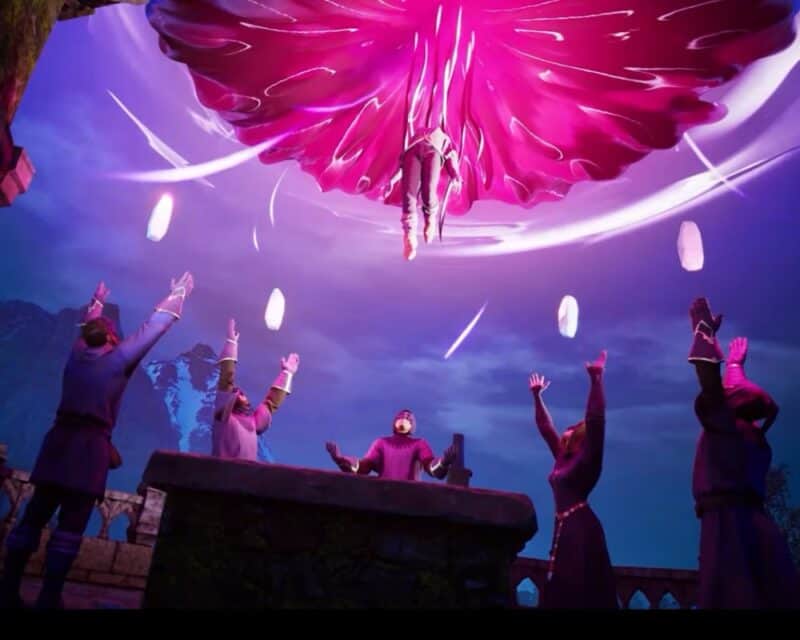 Zwiastun fabularny do King's Bounty II, screen – grua ludzi wokół ołtarza, eksplozja, wybuch