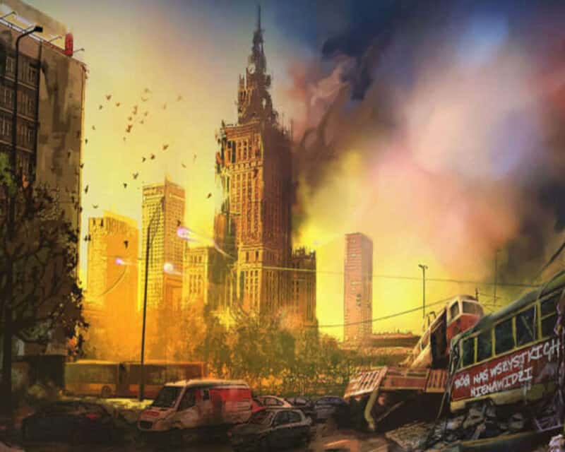 Grafika promująca grę Komornik: Nieskruszony - płonie Pałac Kultury i Nauki w Warszawie. Na wykolejonym tramwaju widnije napis "Bóg nas wszystkich nienawidzi"
