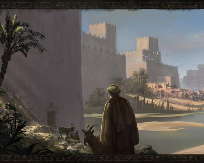 Nebuchadnezzar recenzja starzec z kozami, w tle mury miasta babilońskiego i statek na rzece