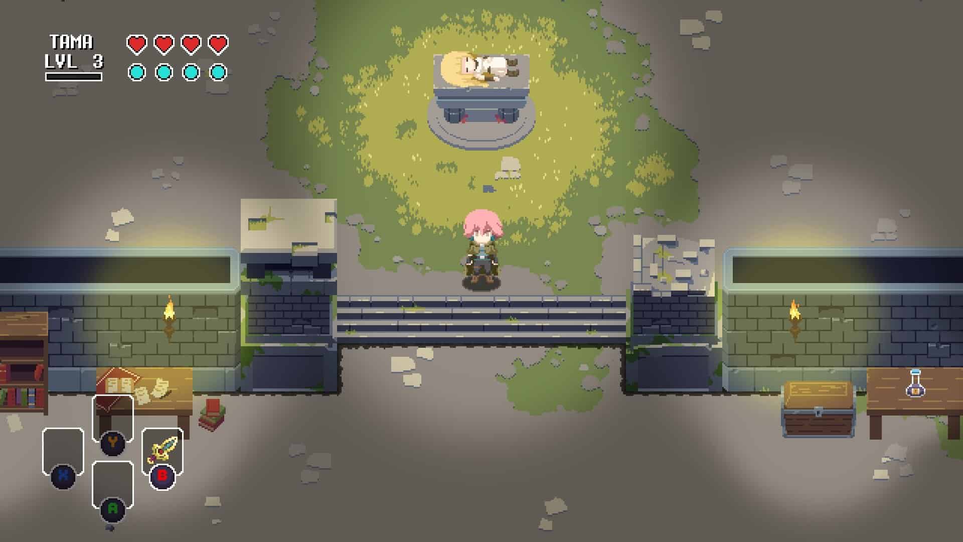 Widok na pierwszą komnatę, Tama stoi pośrodku, a Koko leży na podwyższeniu 