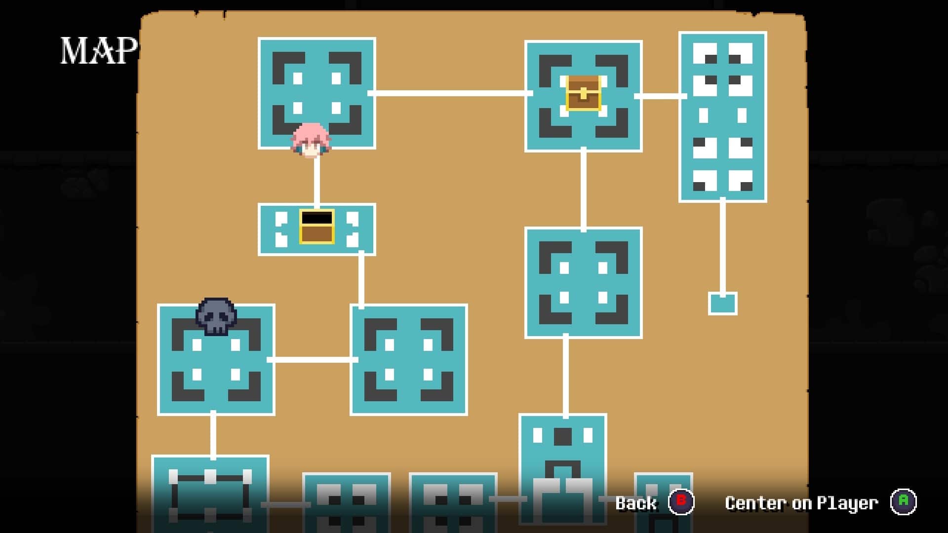 Widok otwartej mapy z zaznaczonymi skrzyniami oraz przejściem do bossa