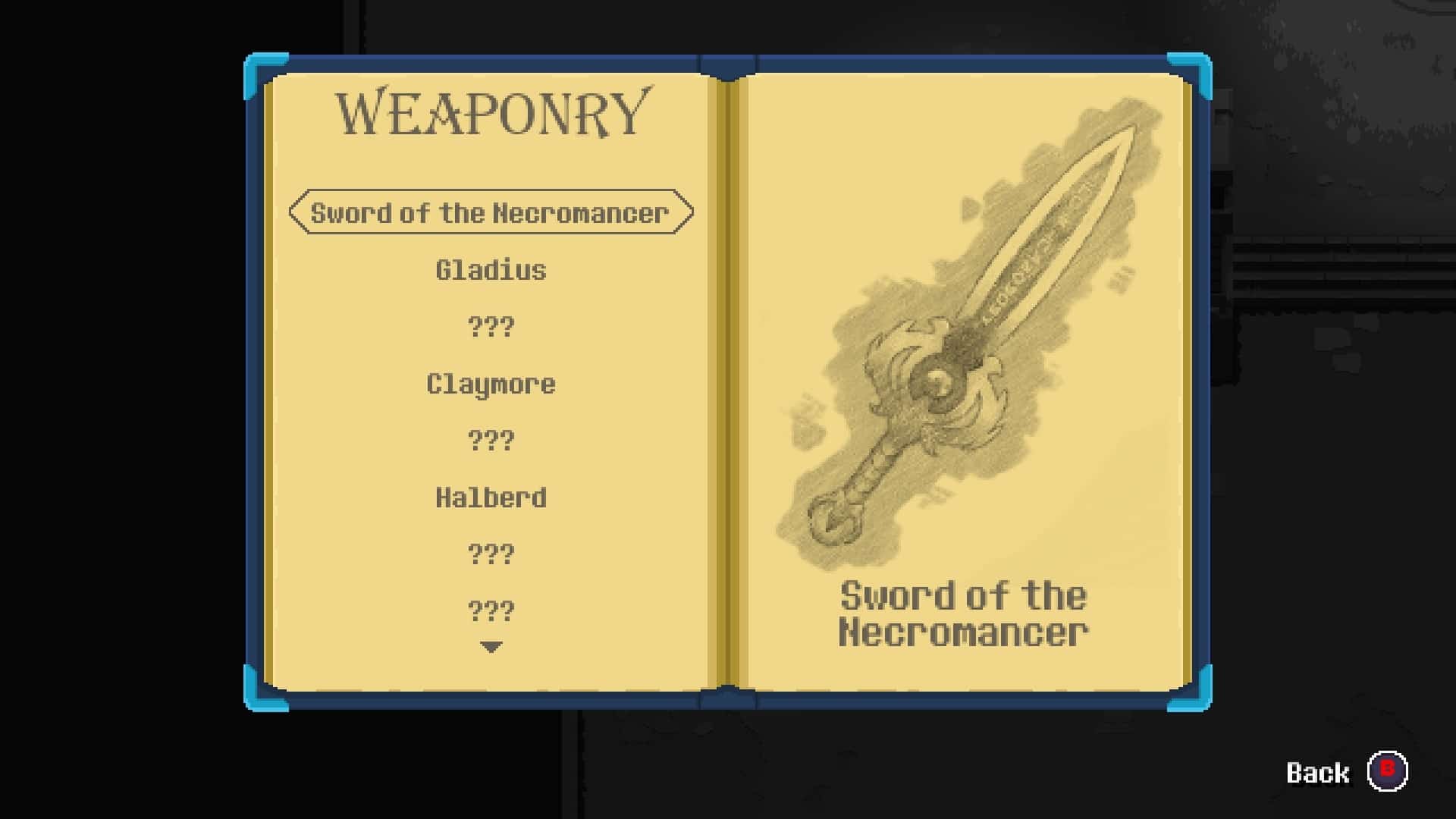 Widok na księgę z opisem broni dostępnych w grze; otwarta strona z opisem Miecza Nekromanty 
