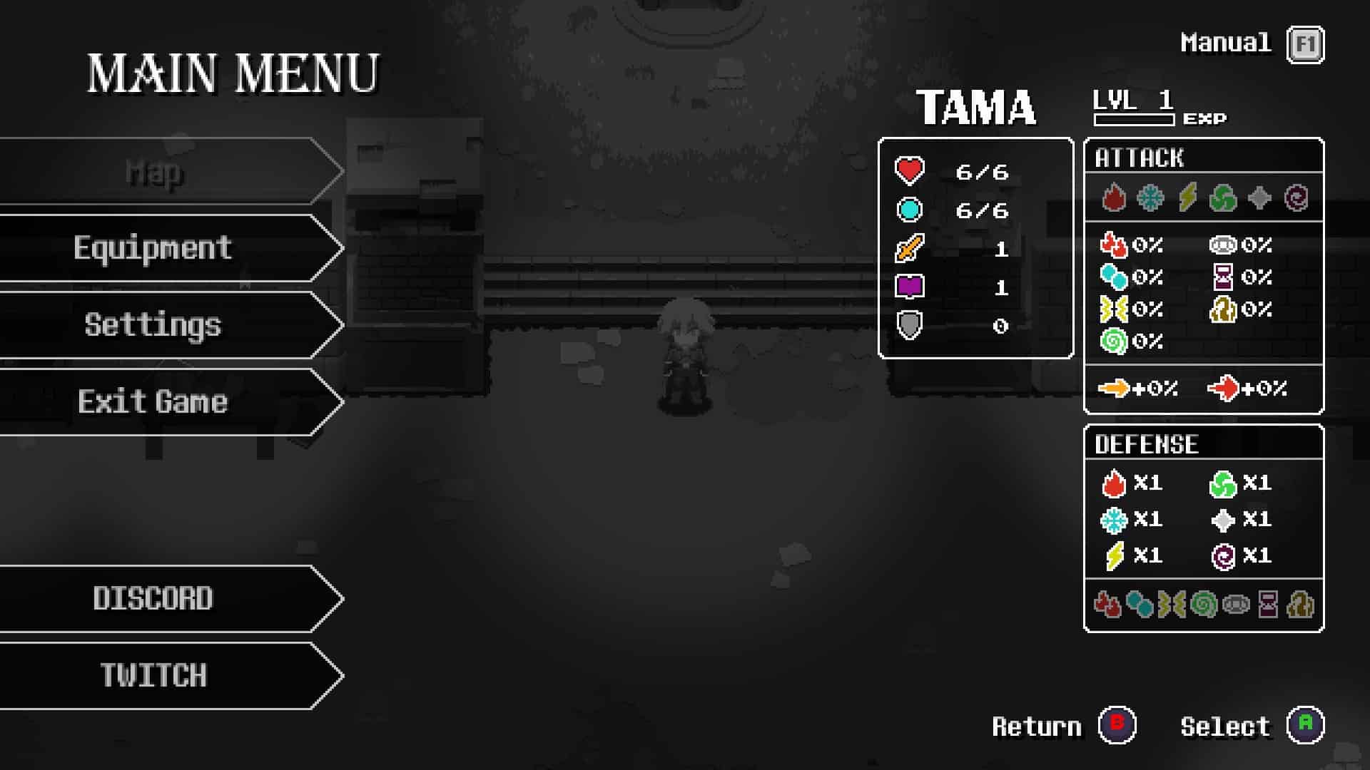 Widok na menu gry oraz statystyki postaci